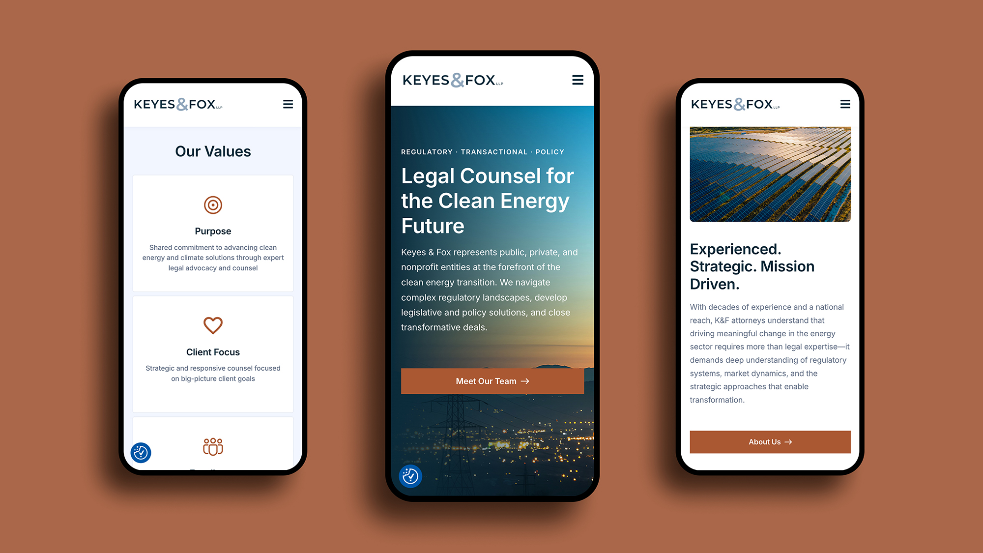 Responsive Keyes & Fox mobile website featuring firm values and clean energy messaging